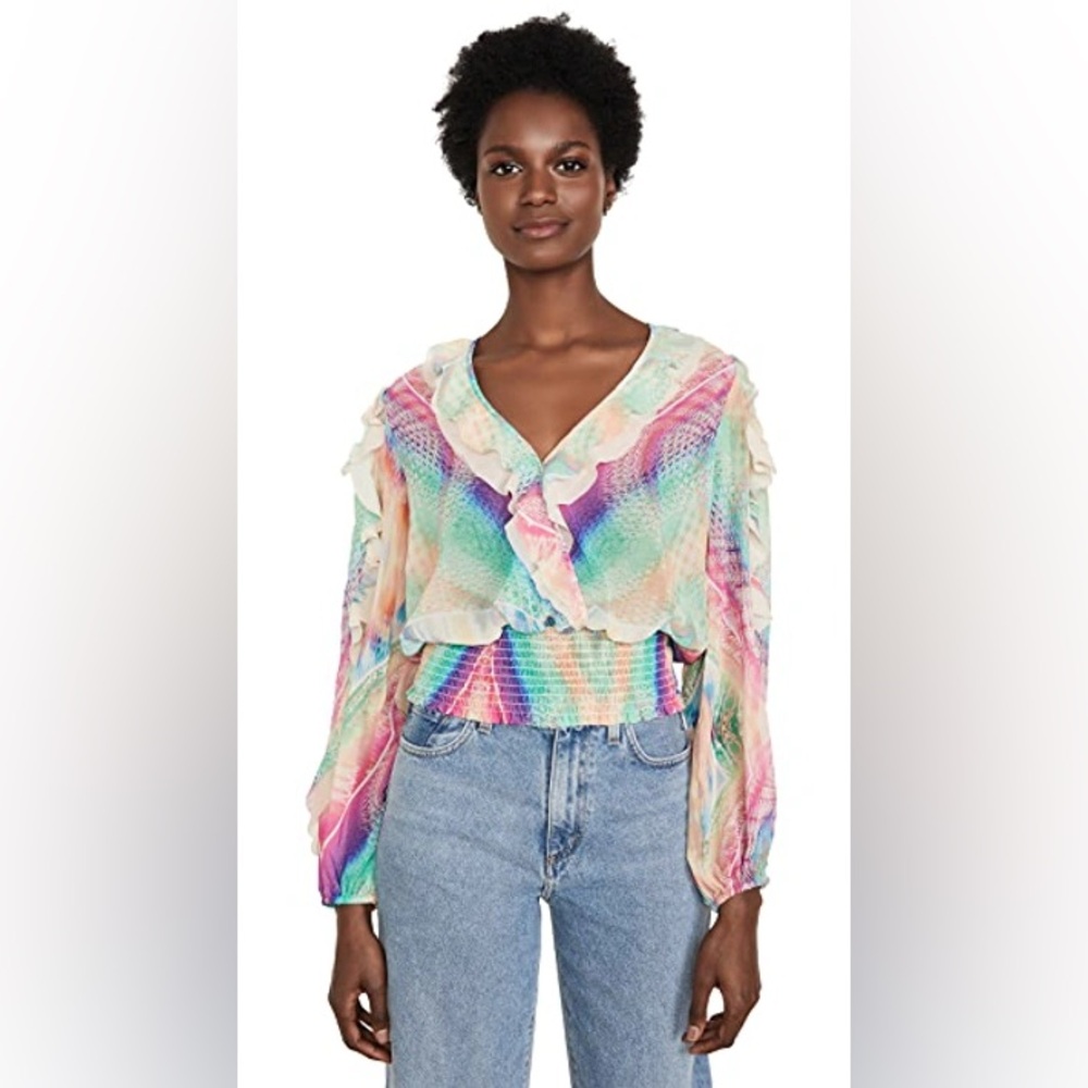 Le Superbe Good Vibrations Print Ruffle Blouse M